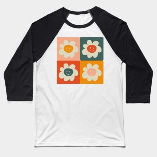 Positive checkered pattern with smiley retro hippie flowers Baseball T-Shirt